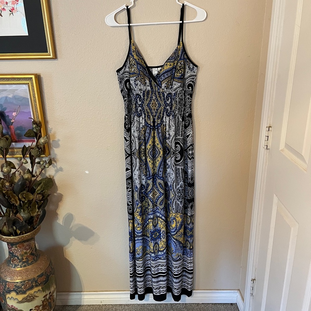 Emma & Michele Black, Blue, and Yellow Paisley Print Maxi Dress